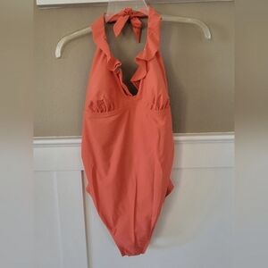Liz Lange Maternity One Piece Ruffle Halter Coral Swimsuit, Size M Medium